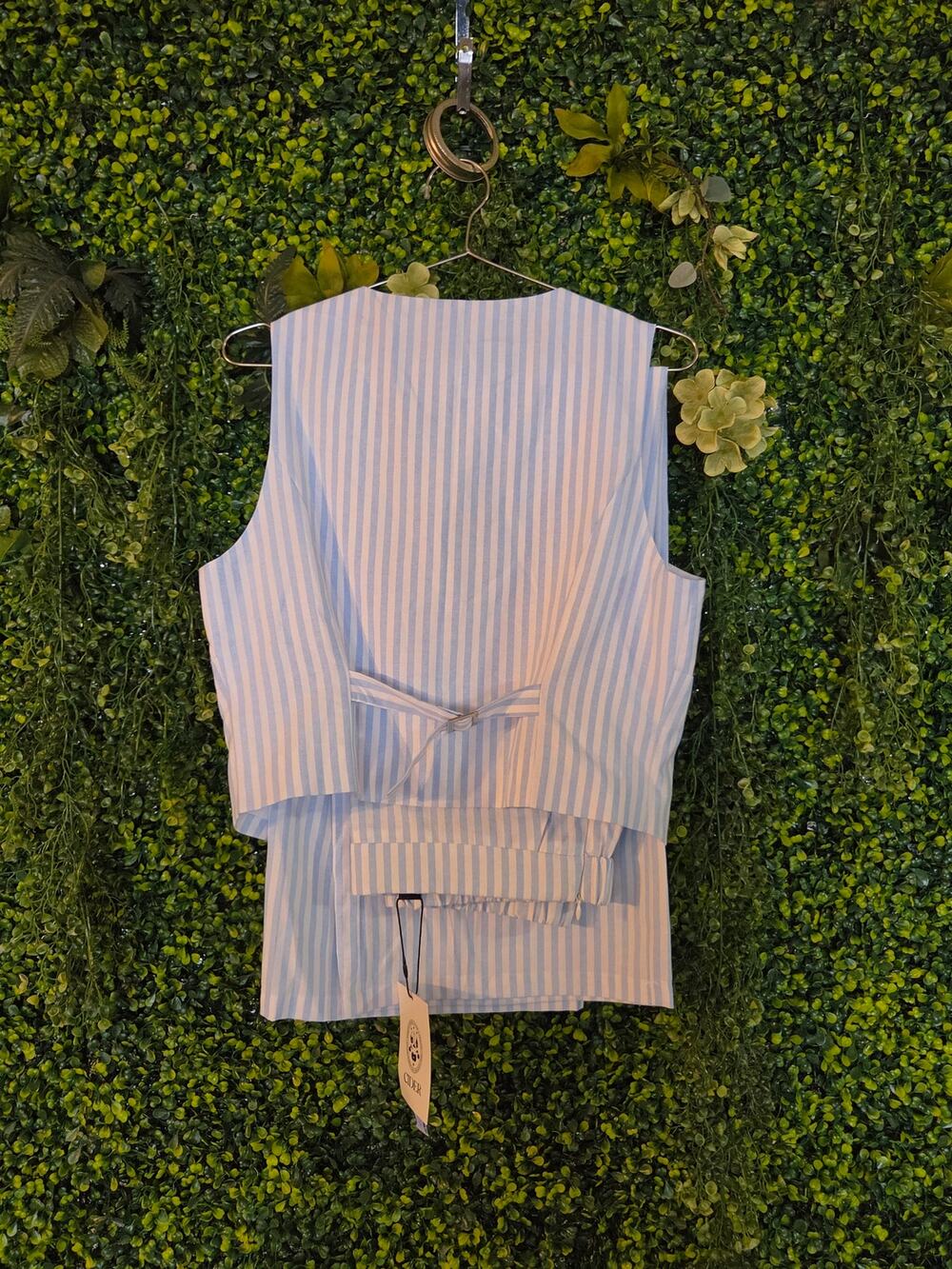 V-NECK Striped Belted Vest,  Mid Rise Striped Trousers